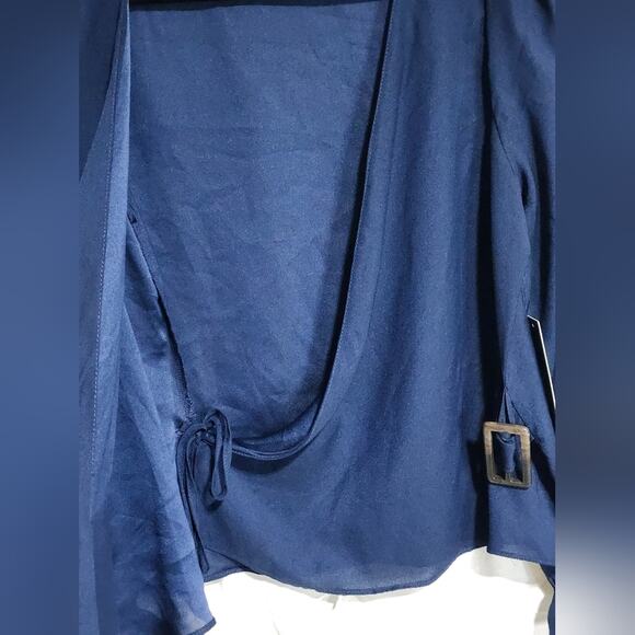 Lulus Navy Blue Wrap Blouse with Buckle Detail Women’s Size Medium - Picture 5 of 8